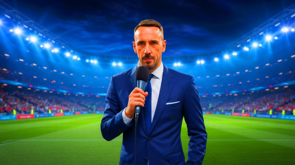 Illustration de Franck Ribéry en tant que consultant pour une nouvelle chaîne dédiée à la Ligue 1, générée par intelligence artificielle.