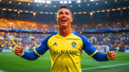 Illustration de Cristiano Ronaldo célébrant sa prolongation de contrat avec Al-Nassr, générée par intelligence artificielle.