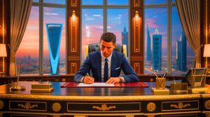 Illustration de Cristiano Ronaldo signant un contrat record avec Al-Nassr, générée par intelligence artificielle.