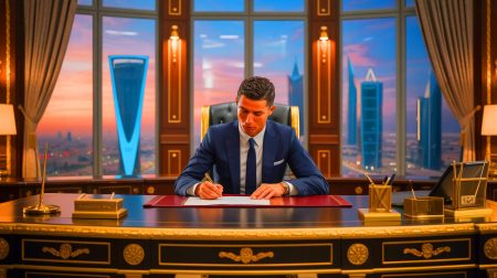 Illustration de Cristiano Ronaldo signant un contrat record avec Al-Nassr, générée par intelligence artificielle.