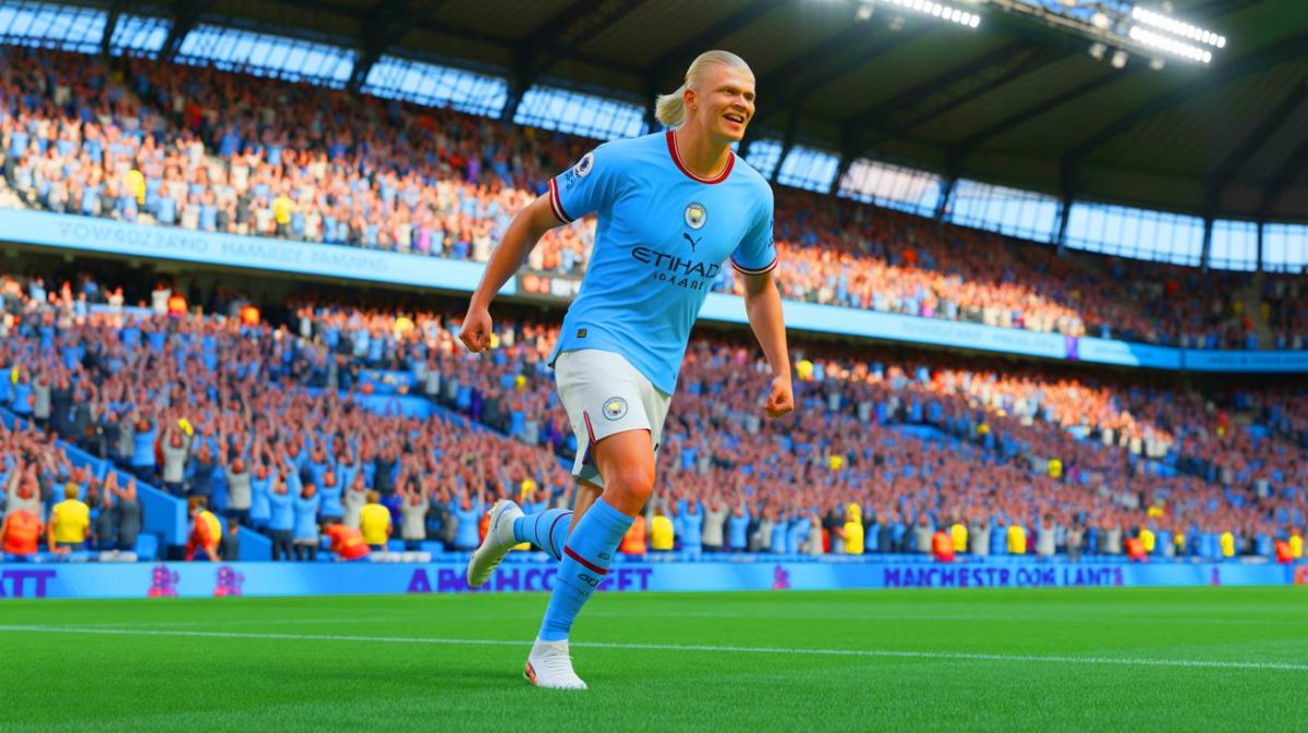 Illustration de l'attaquant Erling Haaland célébrant un but sous le maillot de Manchester City, générée par intelligence artificielle.