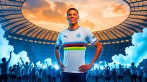 Illustration de Mason Greenwood célébrant un but avec l'Olympique de Marseille. Image réalisée par IA.