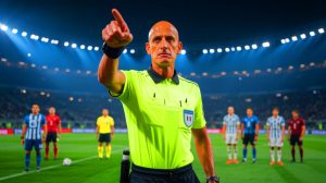 Illustration de Pierluigi Collina, icône légendaire de l'arbitrage, générée par intelligence artificielle.
