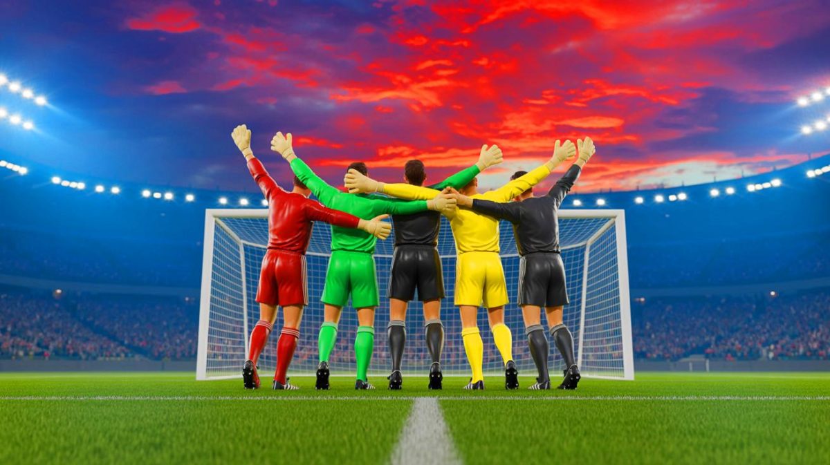 Illustration de gardiens de but légendaires célébrant un clean sheet, générée par intelligence artificielle.