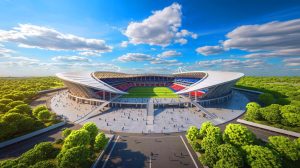 Illustration de la vision futuriste du nouveau stade du PSG à Massy, générée par intelligence artificielle.