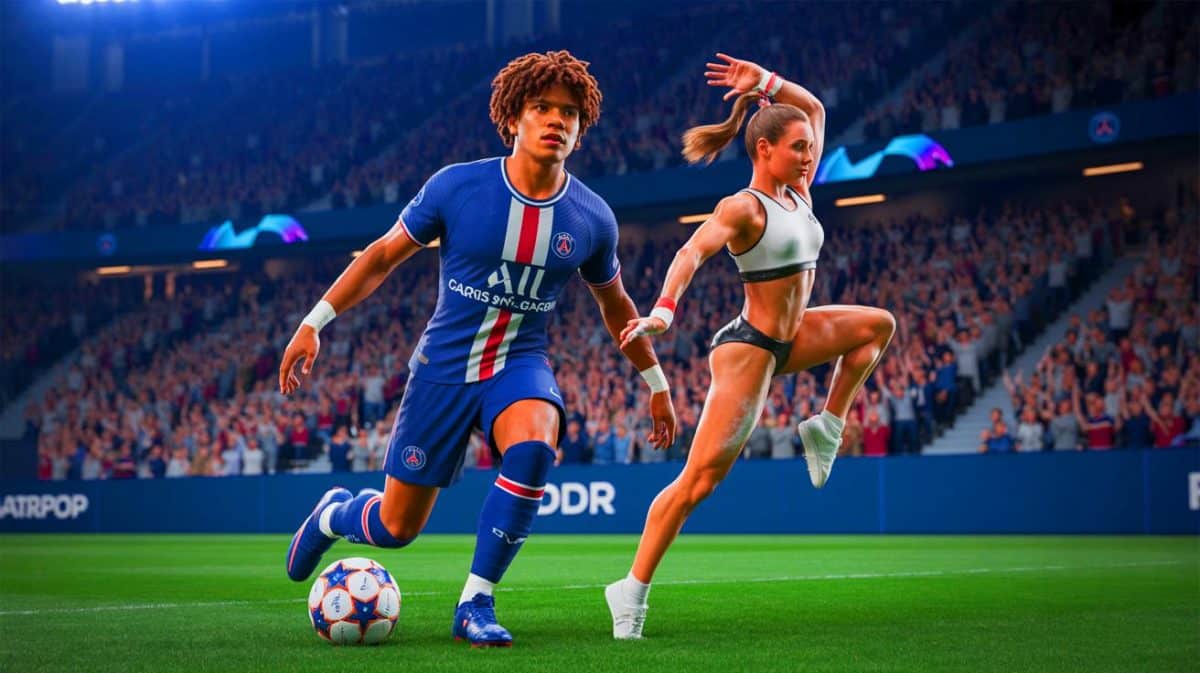 Illustration de Désiré Doué, jeune prodige du football français, en compagnie de la gymnaste Juliette Bossu, générée par intelligence artificielle.