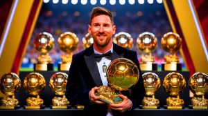 Illustration de Lionel Messi célébrant un de ses records emblématiques, générée par intelligence artificielle.