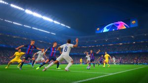 Illustration de la rencontre spectaculaire entre le FC Barcelone et l'Inter Milan, générée par intelligence artificielle.