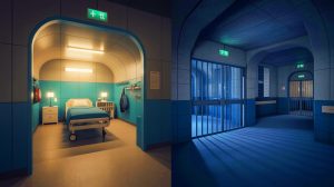 Illustration de l'intérieur du Stade de France, révélant ses installations uniques telles qu'un hôpital et une prison, générée par intelligence artificielle.