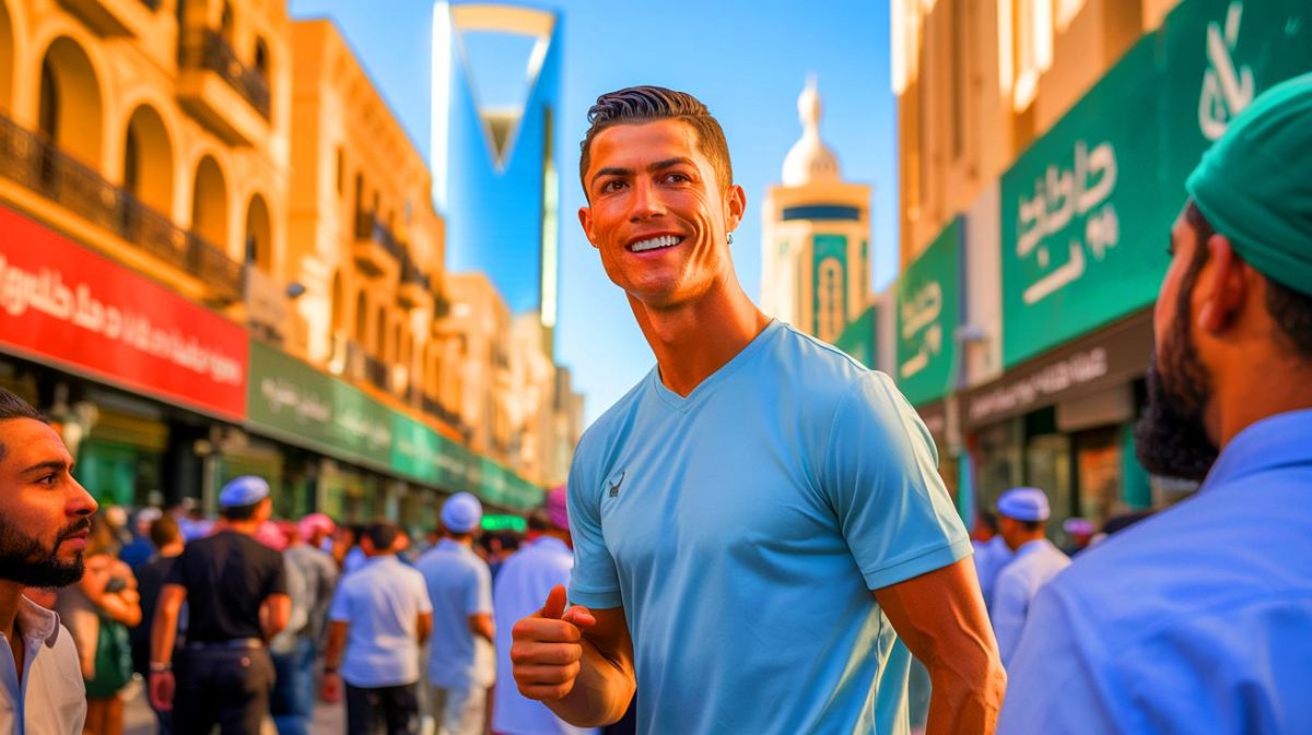 Illustration de Cristiano Ronaldo démentant les rumeurs de mécontentement en Arabie Saoudite, créée par intelligence artificielle.