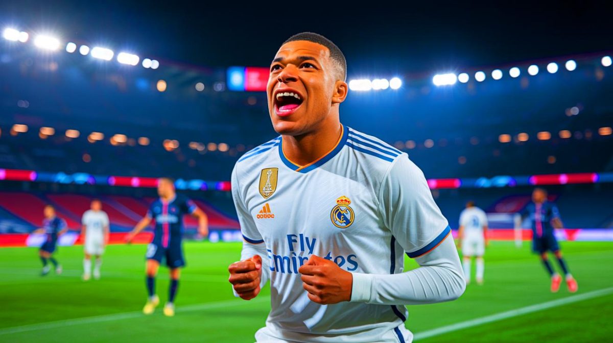 Illustration de Kylian Mbappé exprimant sa colère après la défaite du Real Madrid face au PSG, générée par intelligence artificielle.