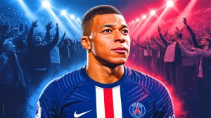 Illustration de Kylian Mbappé arborant le maillot du PSG au Parc des Princes, générée par intelligence artificielle.