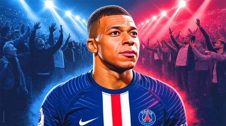 Illustration de Kylian Mbappé arborant le maillot du PSG au Parc des Princes, générée par intelligence artificielle.
