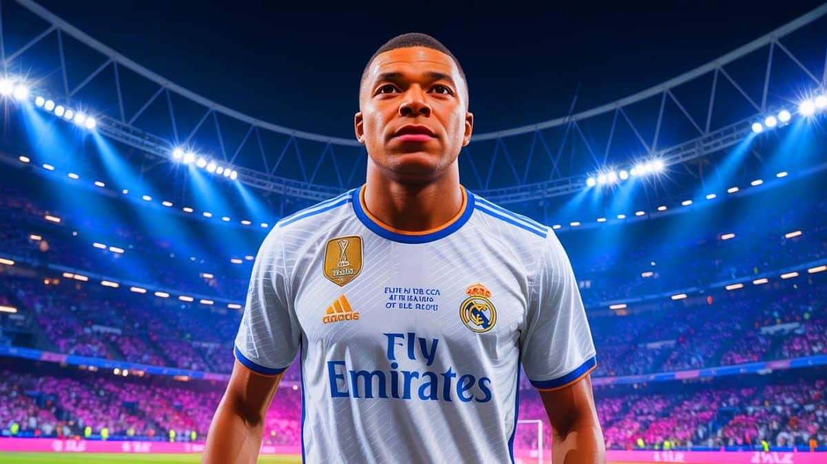 Illustration de Kylian Mbappé portant le maillot du Real Madrid, générée par intelligence artificielle.