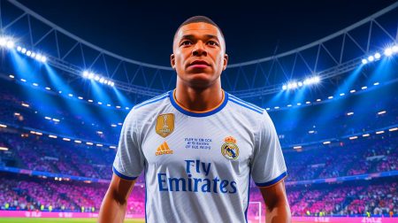 Illustration de Kylian Mbappé portant le maillot du Real Madrid, générée par intelligence artificielle.