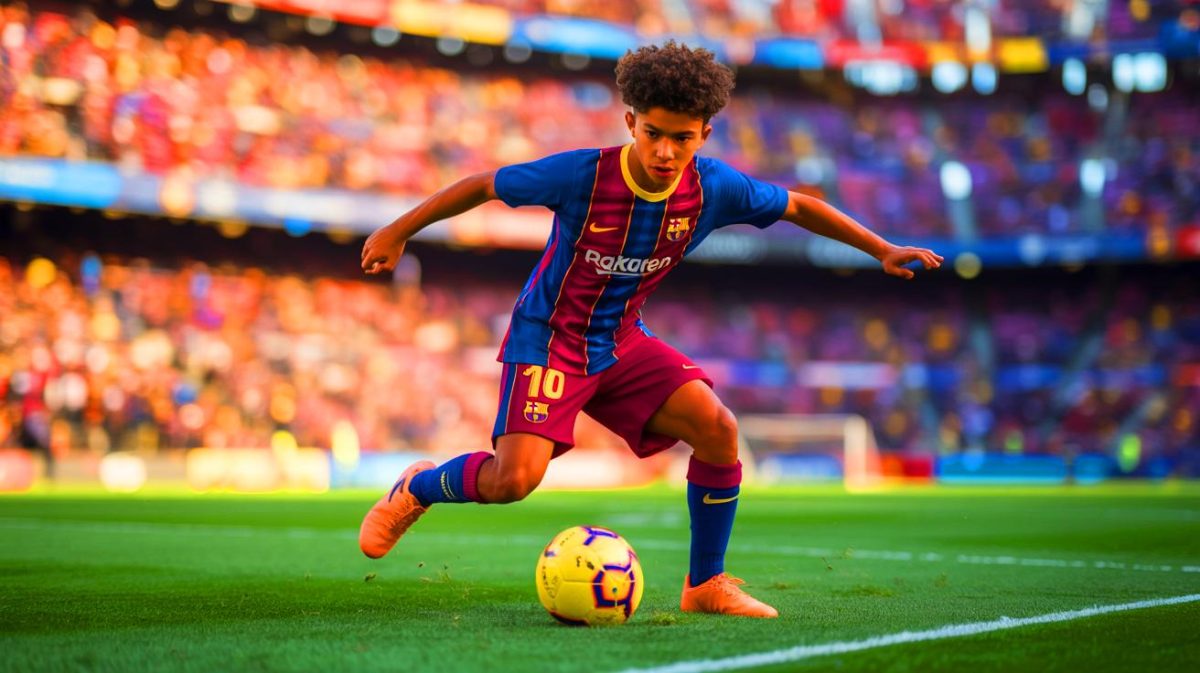 Illustration de Lamine Yamal en pleine action de dribble pour le FC Barcelone.