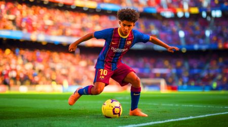 Illustration de Lamine Yamal en pleine action de dribble pour le FC Barcelone.