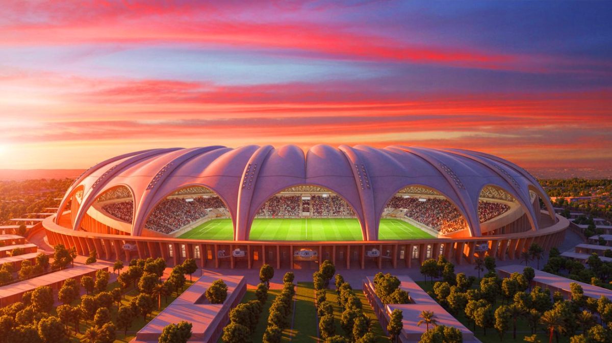 Illustration du stade Hassan II inspiré des tentes marocaines, prêt à accueillir la Coupe du Monde 2030. Image réalisée par IA.