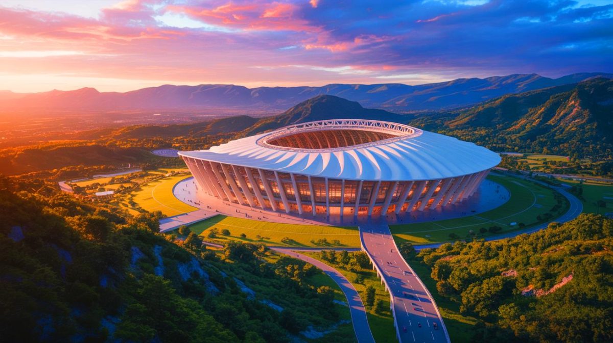 Illustration de la construction du plus grand stade de football au monde avec un toit-tente innovant au Maroc. Image réalisée par IA.