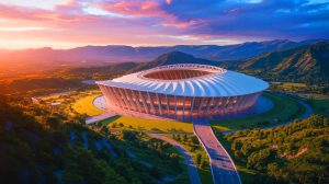 Illustration de la construction du plus grand stade de football au monde avec un toit-tente innovant au Maroc. Image réalisée par IA.