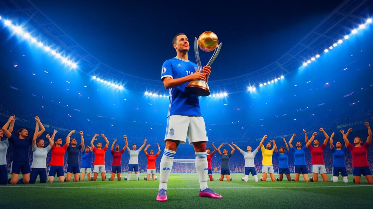 Illustration de la remise du trophée du meilleur dribbleur en Ligue 1 avec Eden Hazard. Image réalisée par IA.