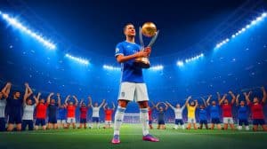 Illustration de la remise du trophée du meilleur dribbleur en Ligue 1 avec Eden Hazard. Image réalisée par IA.