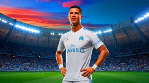 Illustration de Cristiano Ronaldo en maillot de l'Olympique de Marseille, générée par intelligence artificielle.