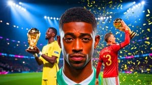 Illustration de la course au Ballon d'Or 2025 avec Achraf Hakimi, Ousmane Dembélé et Lamine Yamal, générée par intelligence artificielle.