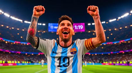 Illustration de Lionel Messi marquant le but le plus rapide de sa carrière contre l'Australie, générée par intelligence artificielle.