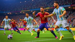 Illustration de la confrontation attendue entre l'Espagne et l'Argentine lors de la Finalissima 2026 avec Lionel Messi et Lamine Yamal.