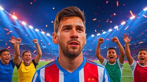 Illustration de Thiago Messi marquant un but lors d'un match, générée par intelligence artificielle.