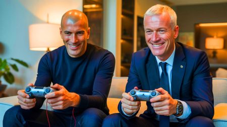 Illustration de Zinédine Zidane prenant la tête de l'équipe de France de football. Image réalisée par IA.