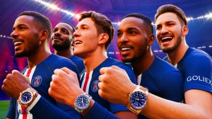 Illustration de la célébration des joueurs du PSG avec leurs montres de luxe, générée par intelligence artificielle.