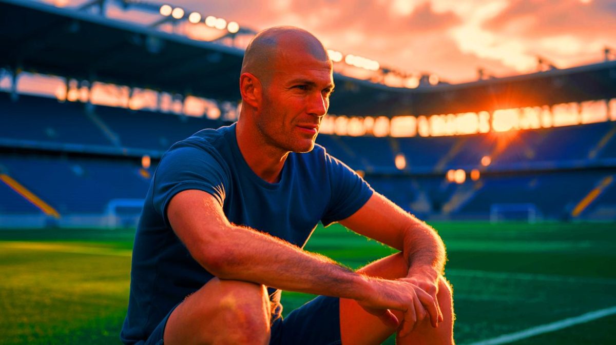 Illustration de Zinédine Zidane expliquant les raisons de la fin de sa carrière, générée par intelligence artificielle.