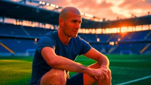 Illustration de Zinédine Zidane expliquant les raisons de la fin de sa carrière, générée par intelligence artificielle.