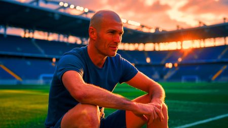 Illustration de Zinédine Zidane expliquant les raisons de la fin de sa carrière, générée par intelligence artificielle.