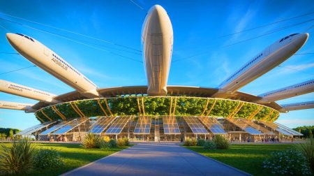 Illustration de la rénovation du stade de la Meinau intégrant des fuselages d'Airbus A340 comme brise-soleil. Image réalisée par IA.