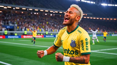 Illustration de Neymar célébrant son retour à Santos, générée par intelligence artificielle.