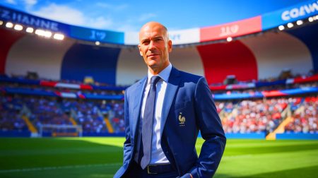 Illustration de Zinédine Zidane prenant la tête de l’équipe de France après la Coupe du Monde 2026. Image réalisée par IA.