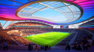 Illustration de la vision futuriste du nouveau stade du PSG inspiré par le SoFi Stadium de Los Angeles. Image réalisée par IA.