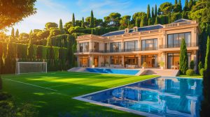 Illustration de la somptueuse villa madrilène de Zinedine Zidane inspirée de l'hôtel George V. Image réalisée par IA.