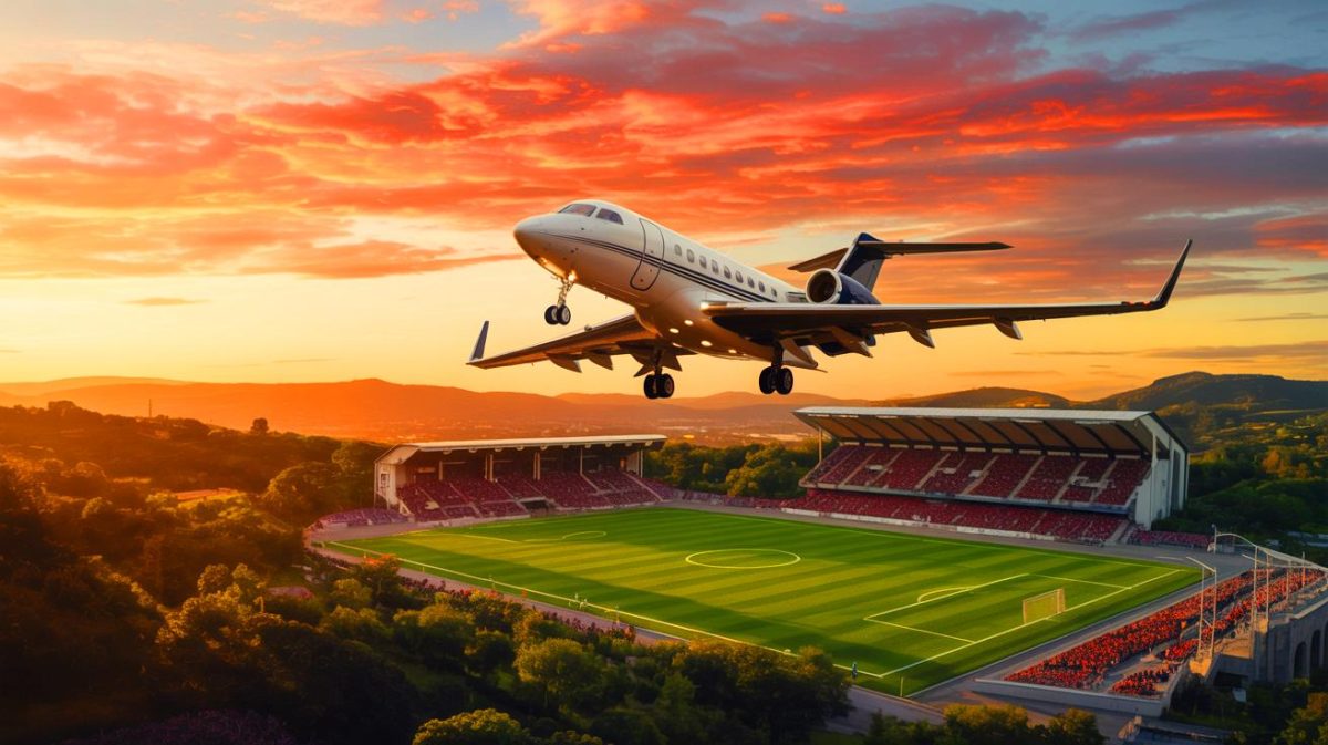 Illustration de l'impact environnemental des déplacements en jets privés des footballeurs, générée par intelligence artificielle.