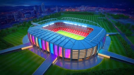 Illustration de stades de football modernes et coûteux, générée par intelligence artificielle.