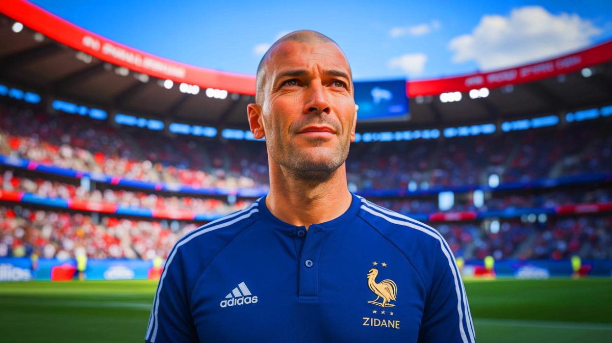 Illustration de Zinédine Zidane exprimant son désir de devenir sélectionneur de l'équipe de France, générée par intelligence artificielle.