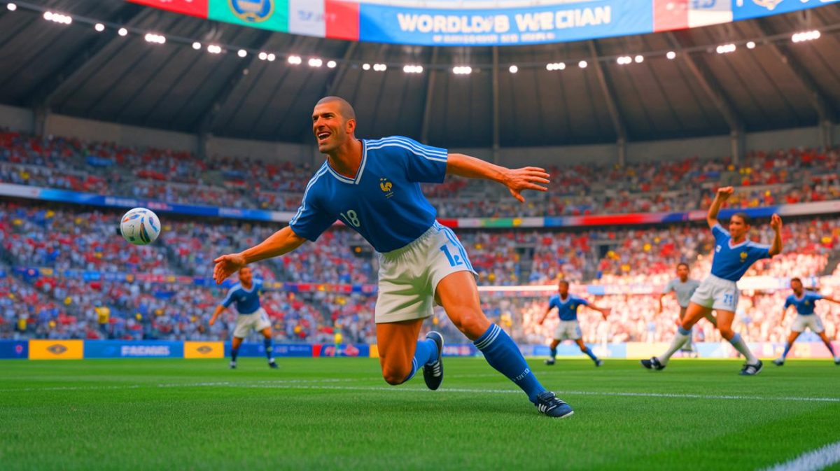 Illustration de Zinedine Zidane lors de la finale de la Coupe du Monde 1998, image générée par intelligence artificielle.