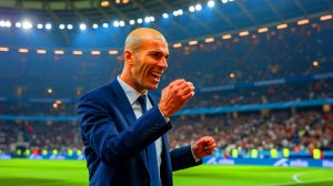Illustration de Zinedine Zidane lors de moments marquants de sa carrière, notamment ses célèbres coups de tête. Image réalisée par IA.