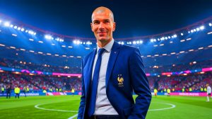 Illustration de Zinédine Zidane prenant la tête de l'équipe de France de football. Image réalisée par IA.