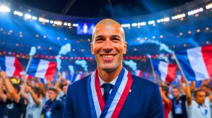 Illustration de Zinédine Zidane à la tête de l'équipe de France, prêt à relever de nouveaux défis. Image réalisée par IA.