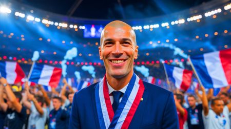 Illustration de Zinédine Zidane à la tête de l'équipe de France, prêt à relever de nouveaux défis. Image réalisée par IA.