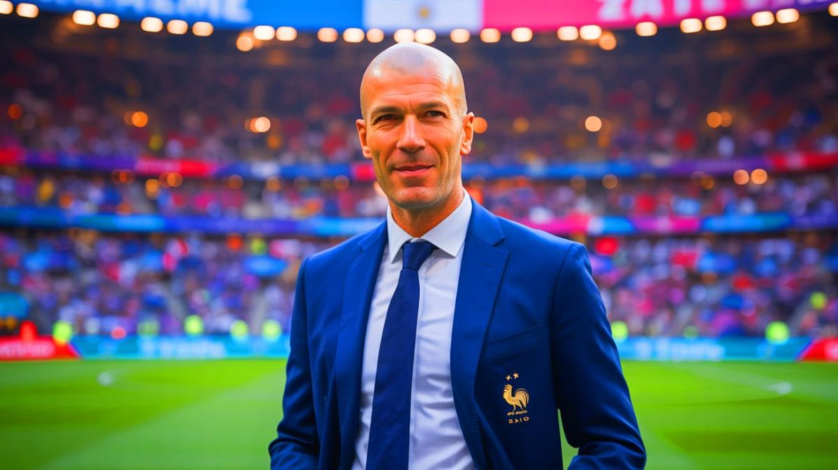 Illustration de Zinédine Zidane à la tête de l'équipe de France de football après la Coupe du Monde 2026. Image réalisée par IA.
